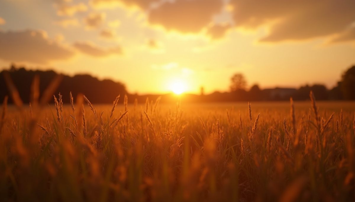 Eye-level view of a beautiful sunset over a field