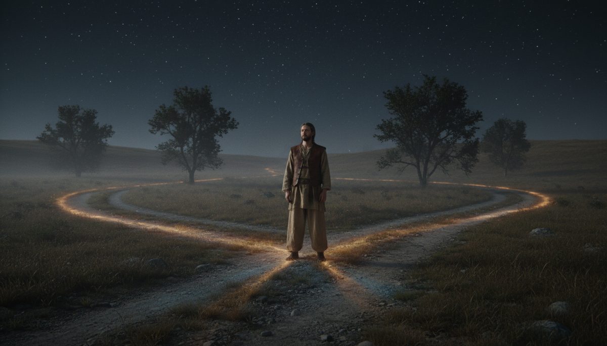 Wide-angle view of a person standing at a quiet crossroads under a star-filled sky.