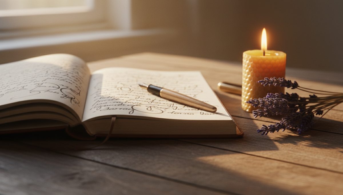 Close-up of a journal beside a lit candle with handwritten intentions on the page.