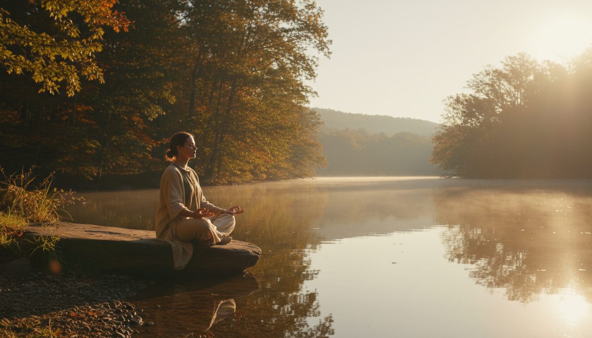 Eye-level view of a person meditating beside a quiet lake at sunrise.