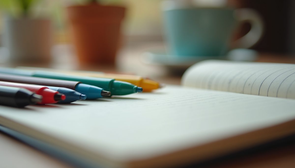 Close-up view of an open journal with colorful pens
