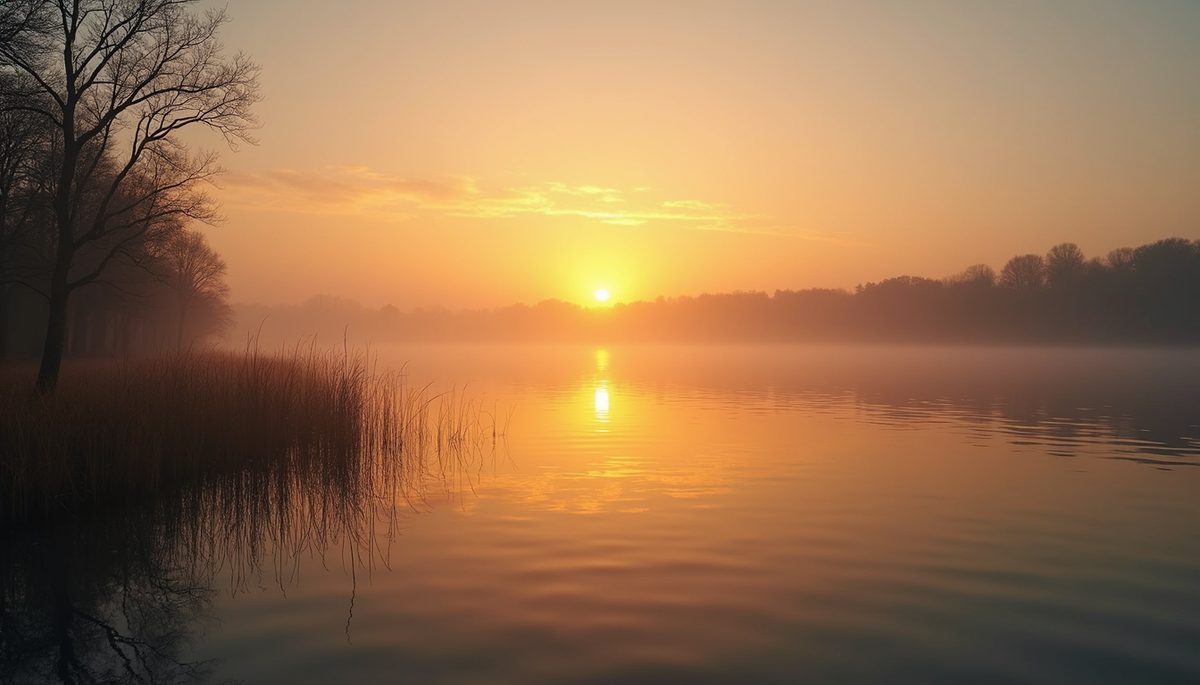 Wide angle view of a tranquil lakeside during sunset