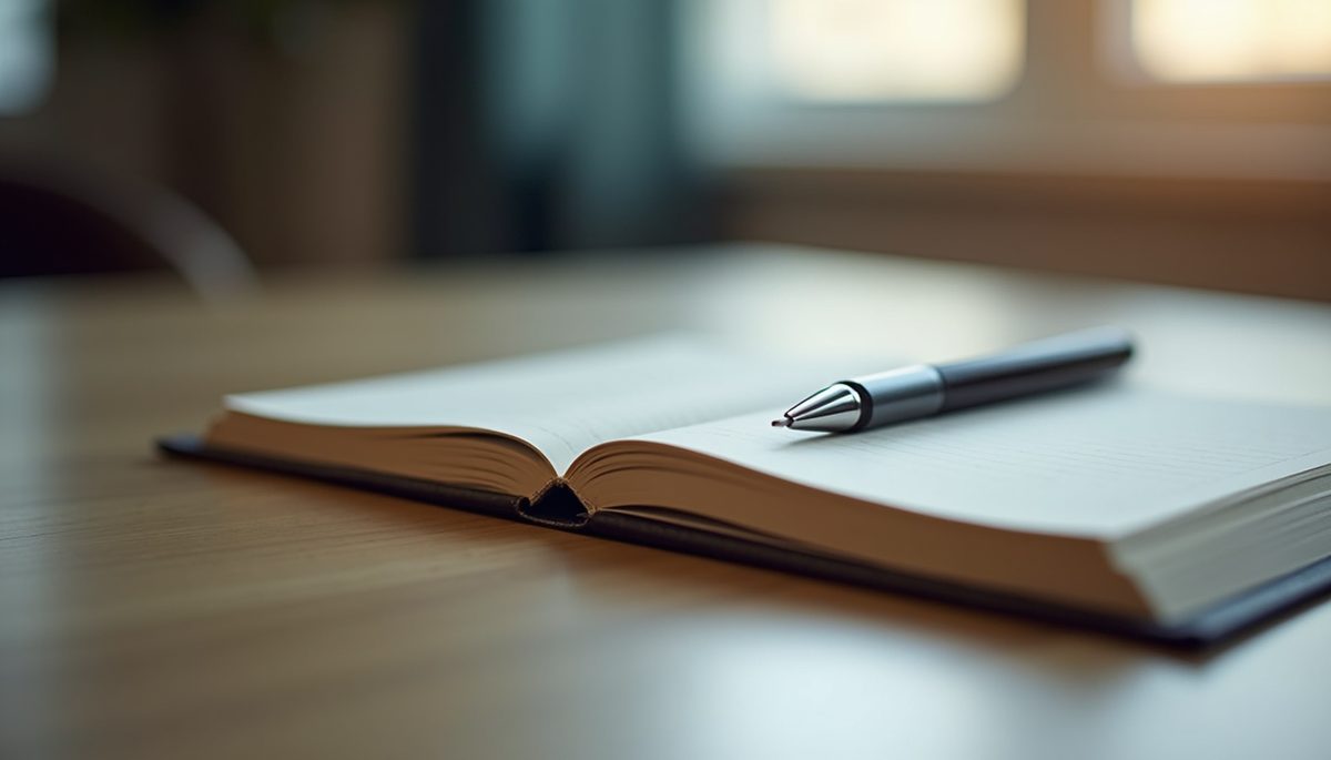 Close-up view of a journal and a pen on a table