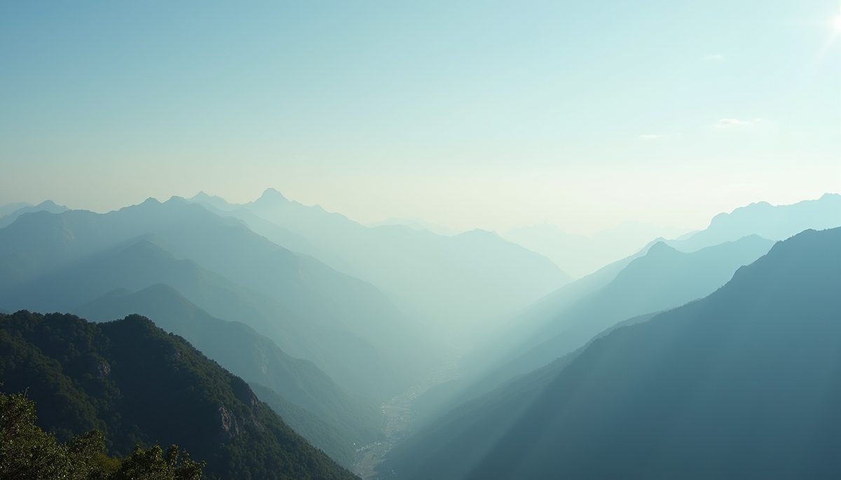 Wide angle view of a serene landscape with mountains