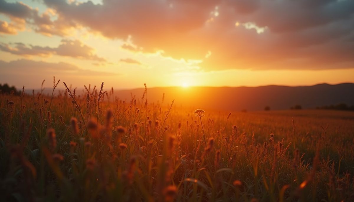 Eye-level view of a serene landscape with a sunset