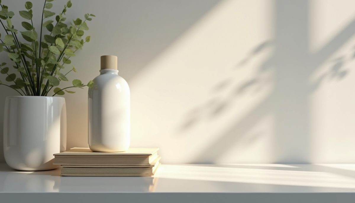 Eye-level view of a clean serene workspace with wellness books