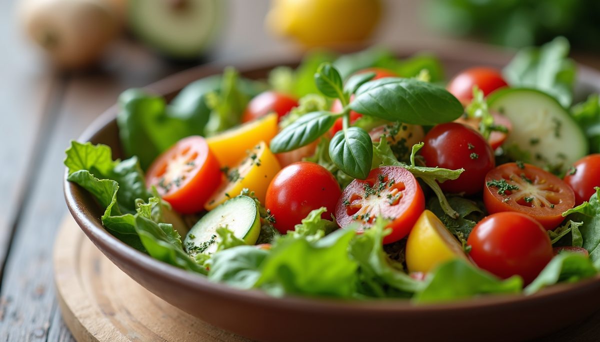 Close-up view of a beautiful salad bowl filled with colorful vegetables