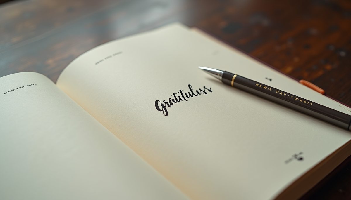 Close-up of a gratitude journal open with a pen