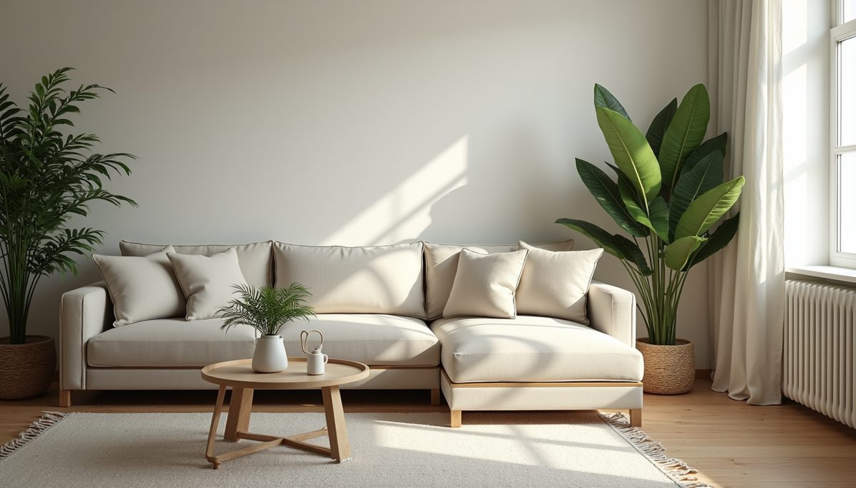 High angle view of a simple, serene living space with plants