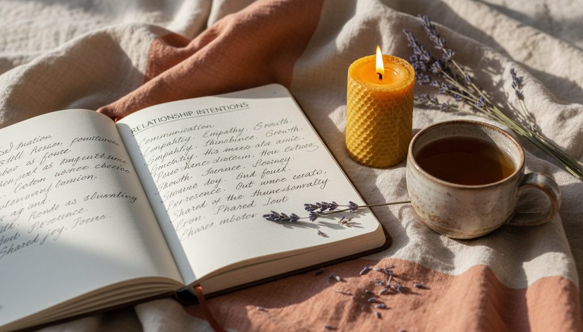 Close-up view of a journal open beside a candle and a cup of tea.