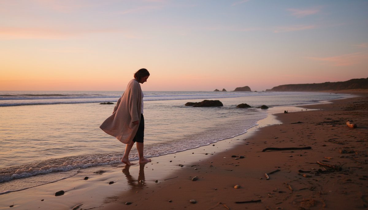 Eye-level view of a person walking alone on a quiet beach at dusk.