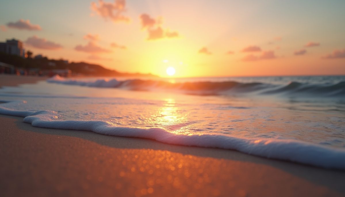Eye-level view of a tranquil beach sunrise