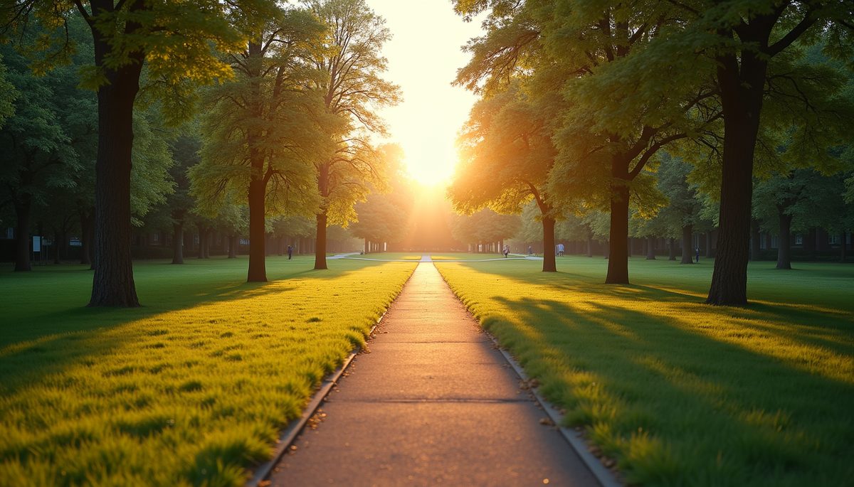 High angle view of a serene park with paths leading toward a bright horizon