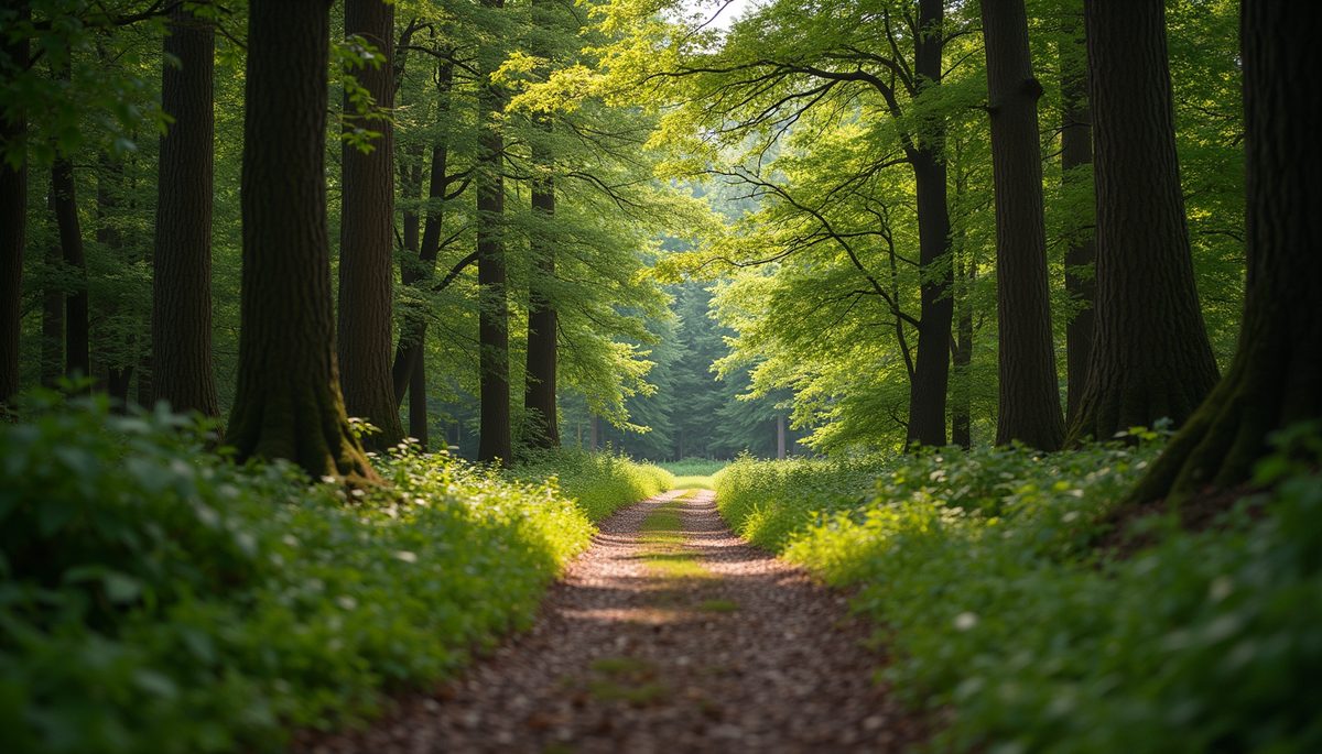 Eye-level view of a peaceful trail winding through a forest