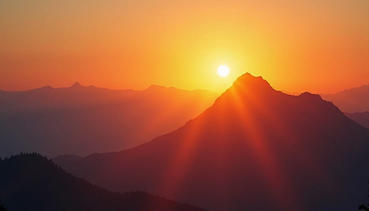 Close-up view of a vibrant sunrise illuminating a mountain peak