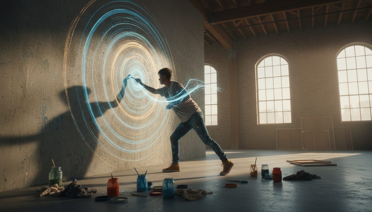 Wide-angle view of a person painting glowing circles on a studio wall