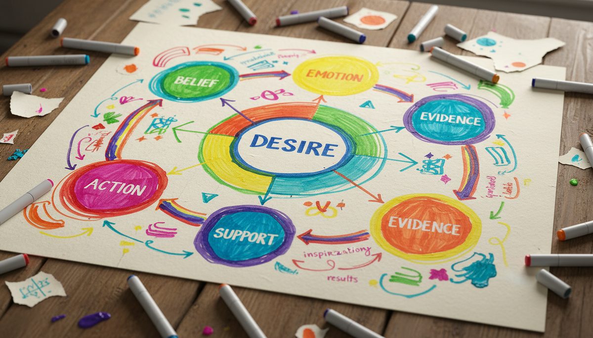 Eye-level view of a colorful manifestation map drawn on paper