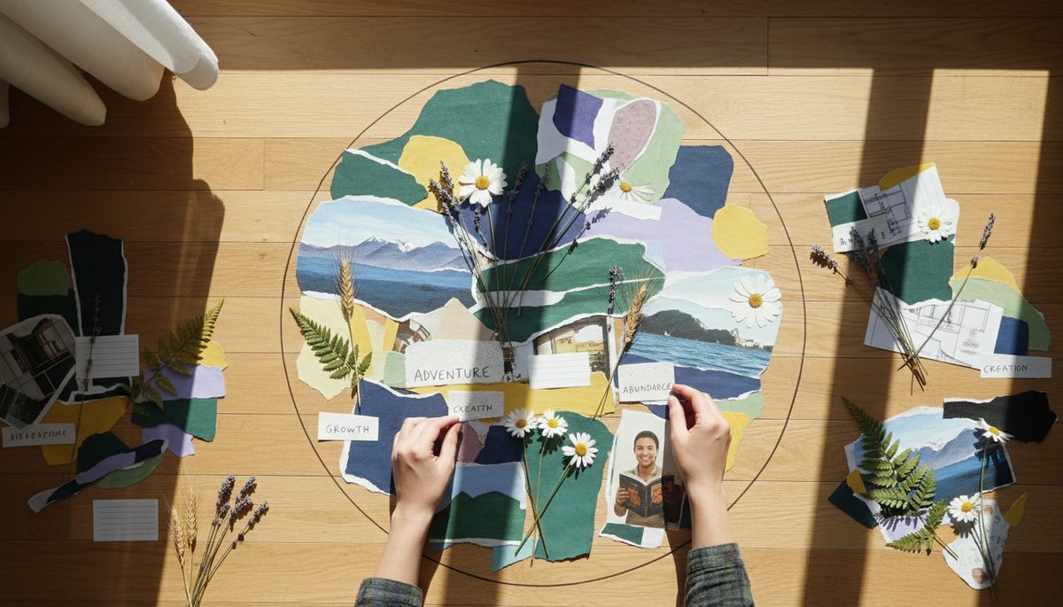 Overhead view of a person arranging painted paper pieces into a vision collage