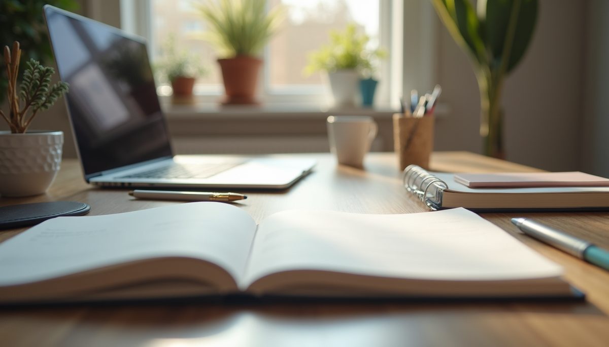 Eye-level view of a workspace with a planner and stationery