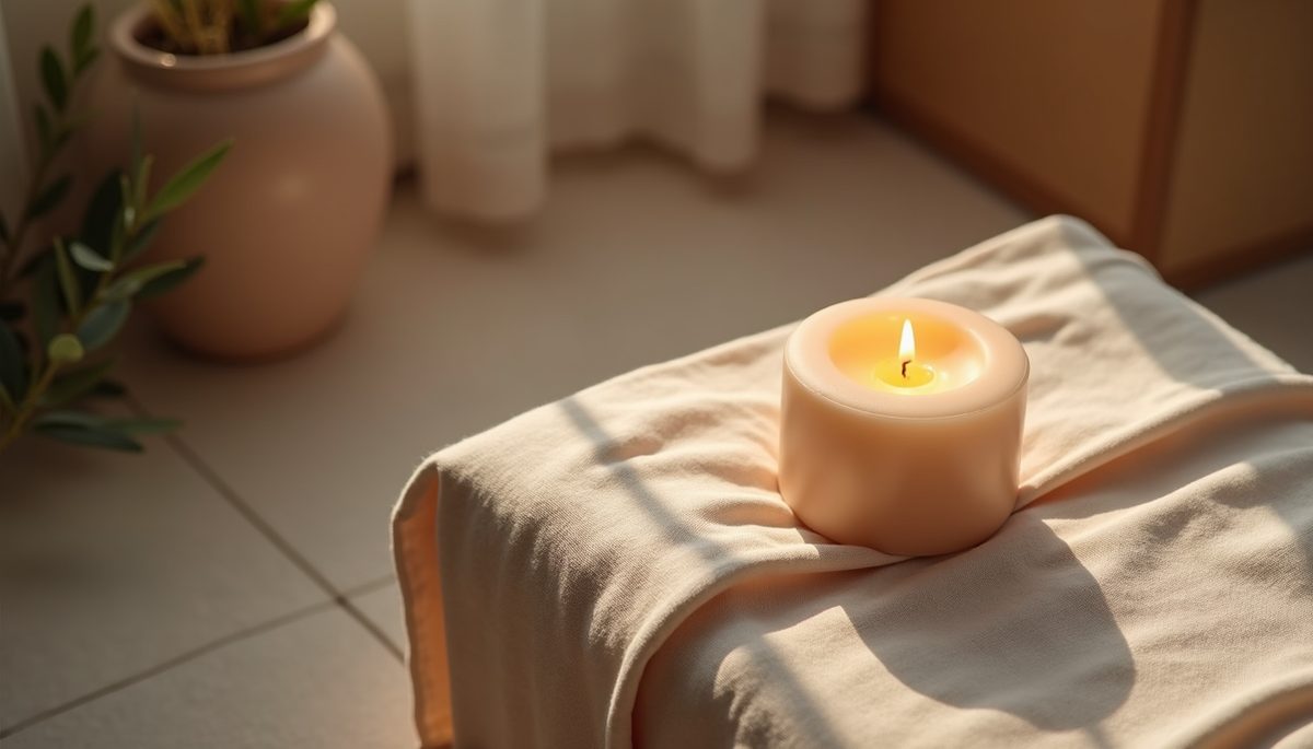 High angle view of a peaceful meditative space with a candle and soft textile
