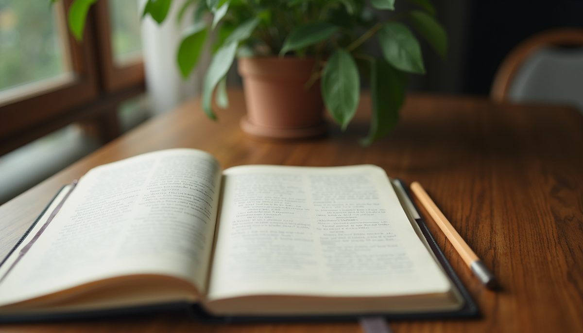 Close-up view of a journal opened on a wooden table with a plant beside it