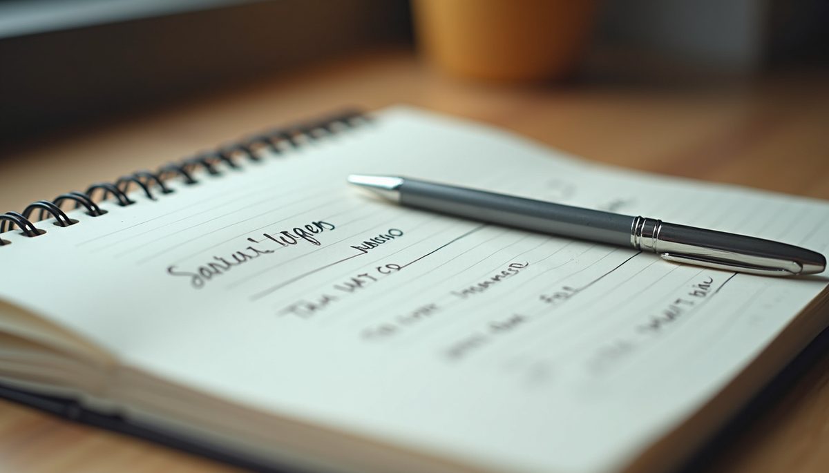 Eye-level view of a journal with handwritten goals and a pen
