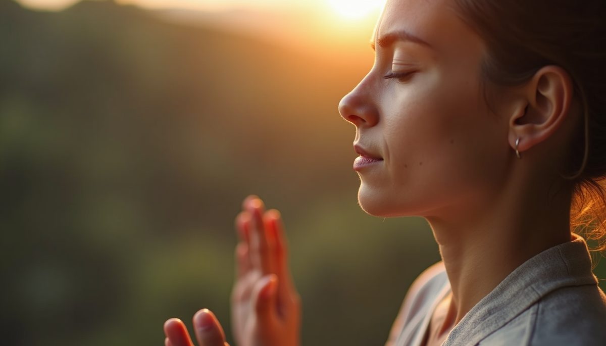 Close-up view of a person meditating with eyes closed, visualizing success