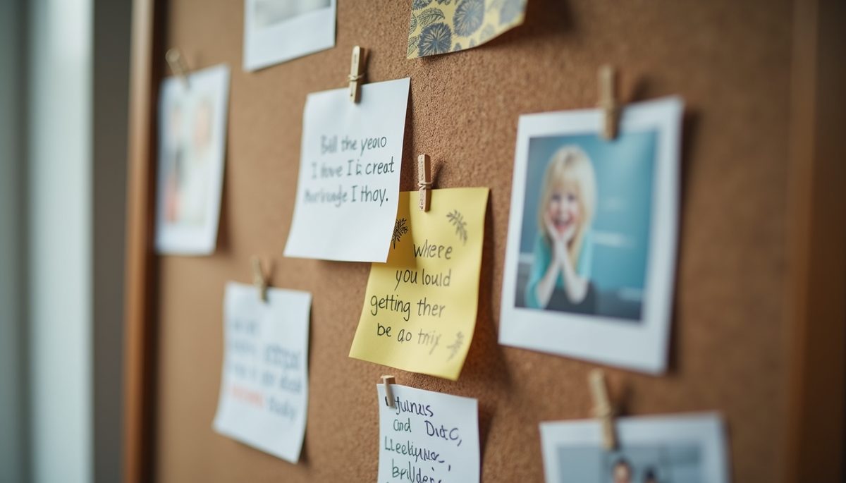 Close-up of a vision board with motivational images and quotes
