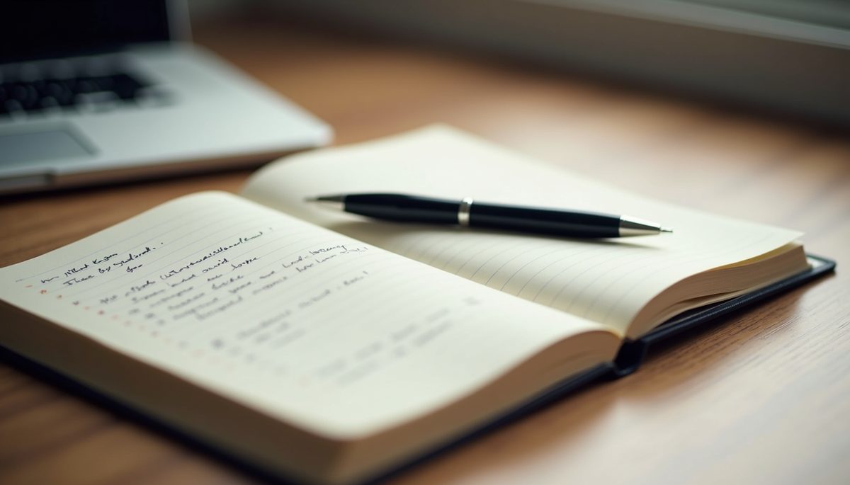 Eye-level view of a journal with handwritten goals and a pen