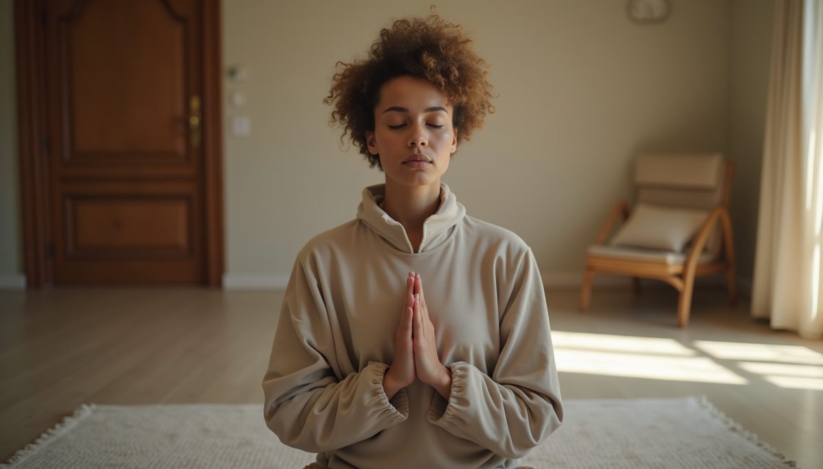 Close-up view of a person meditating with eyes closed in a peaceful room