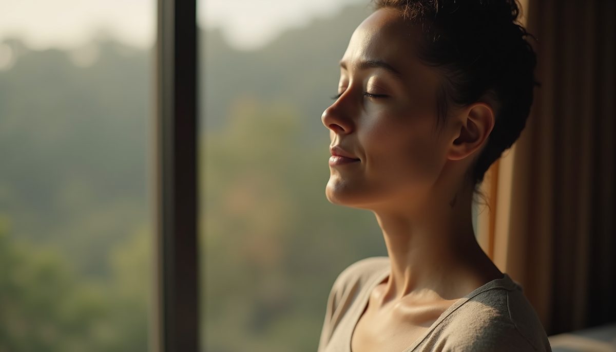 Close-up view of a person meditating with eyes closed and peaceful expression