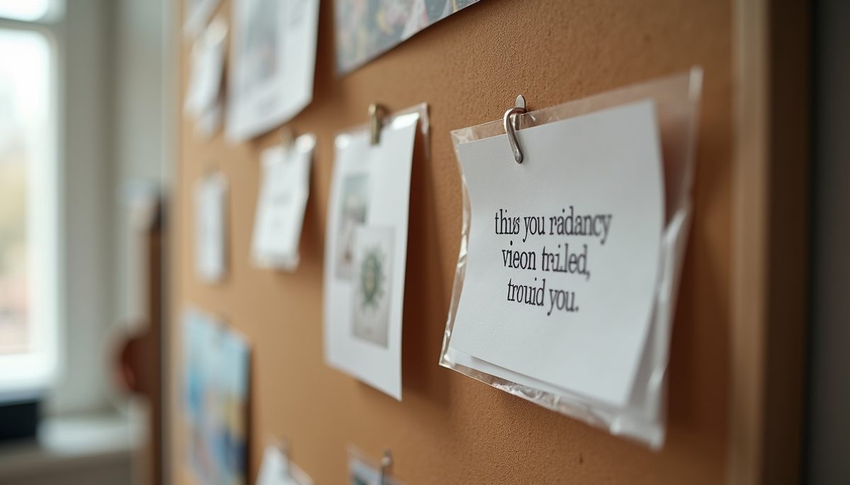 Close-up view of a vision board with pictures and affirmations