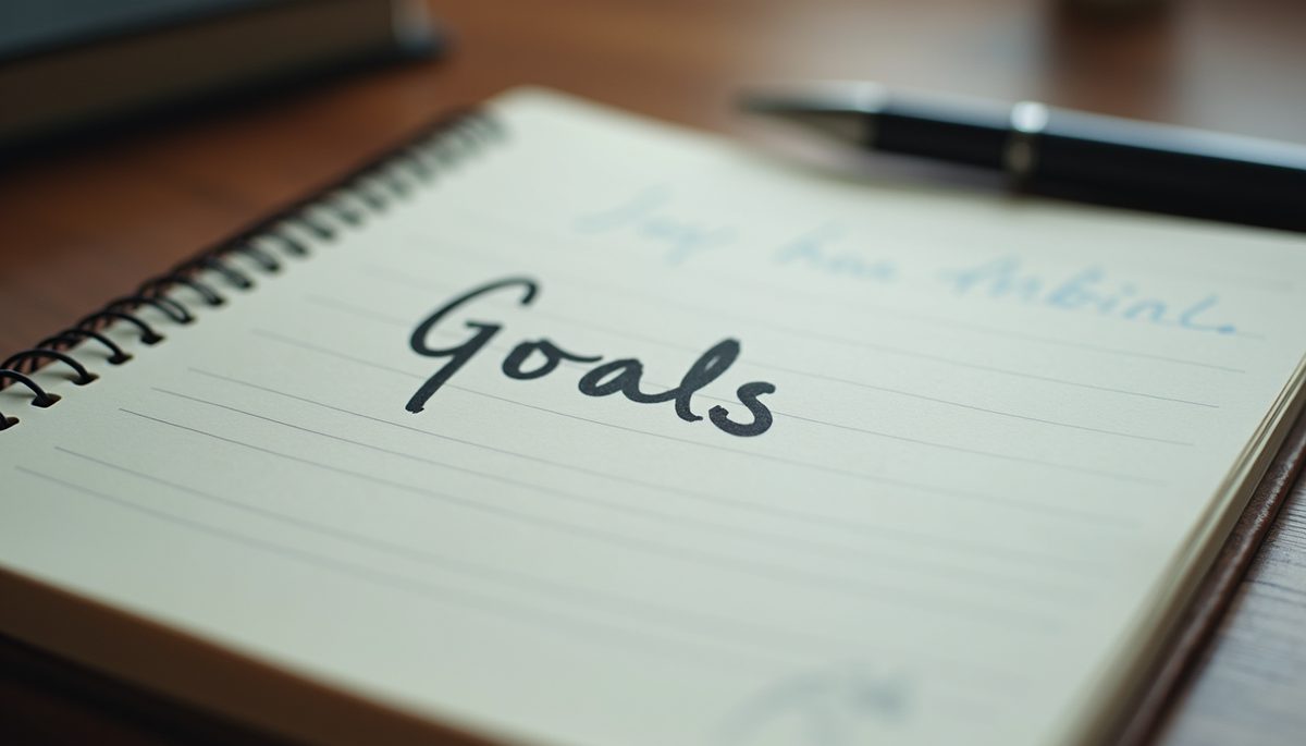 Eye-level view of a journal with handwritten goals and a pen