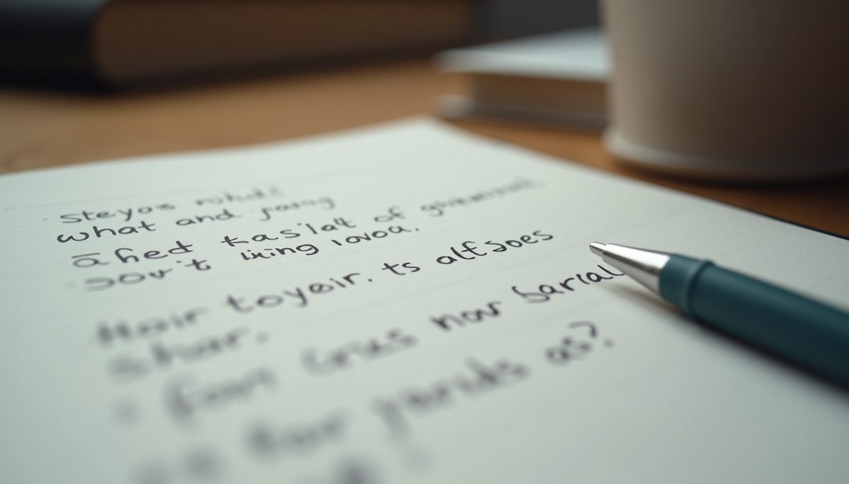 Eye-level view of a journal with handwritten goals and a pen