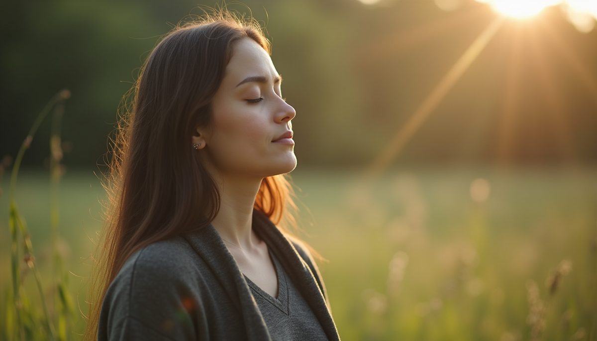Close-up view of a person meditating outdoors with eyes closed
