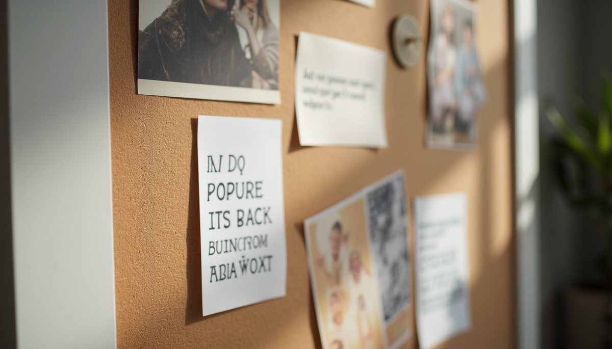 Close-up view of a vision board with inspirational images and quotes