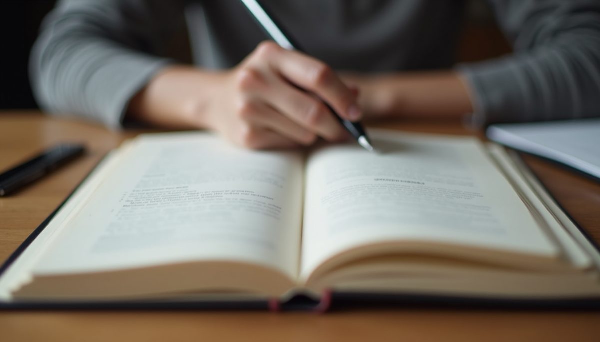 Eye-level view of a journal with an open page and a pen