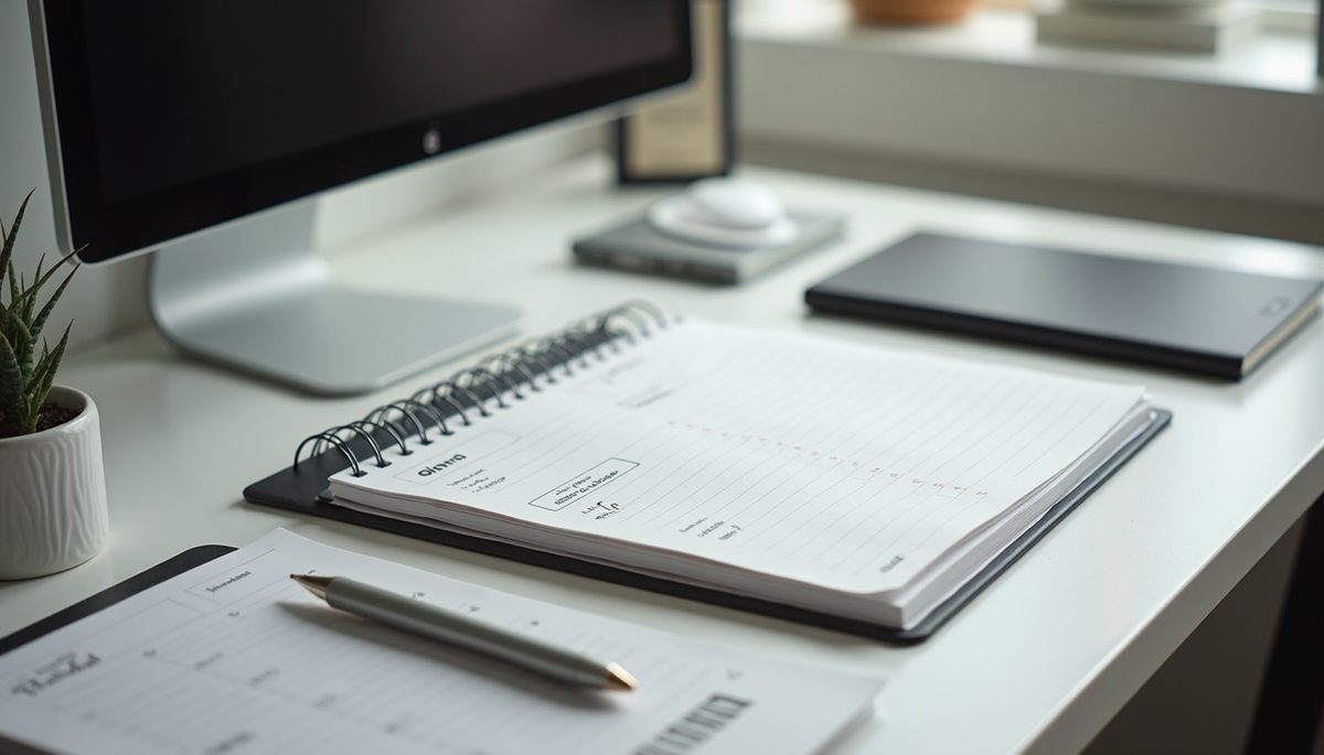 High angle view of a neat desk with a planner and stationery