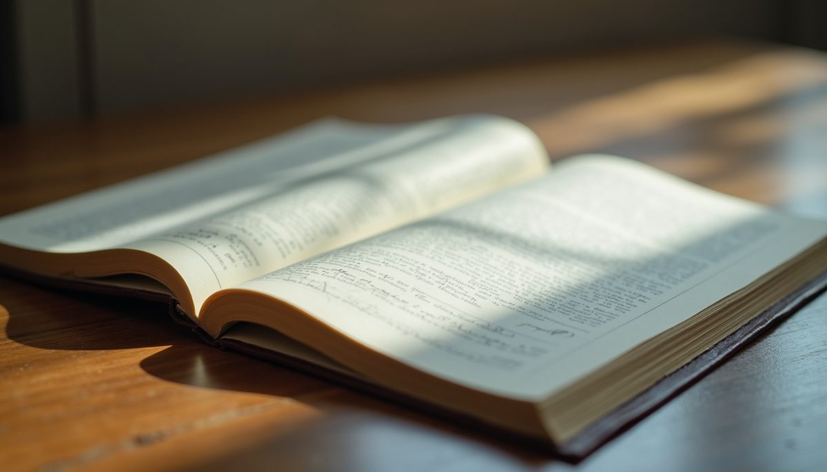 Close-up view of a reflective journal with an open page