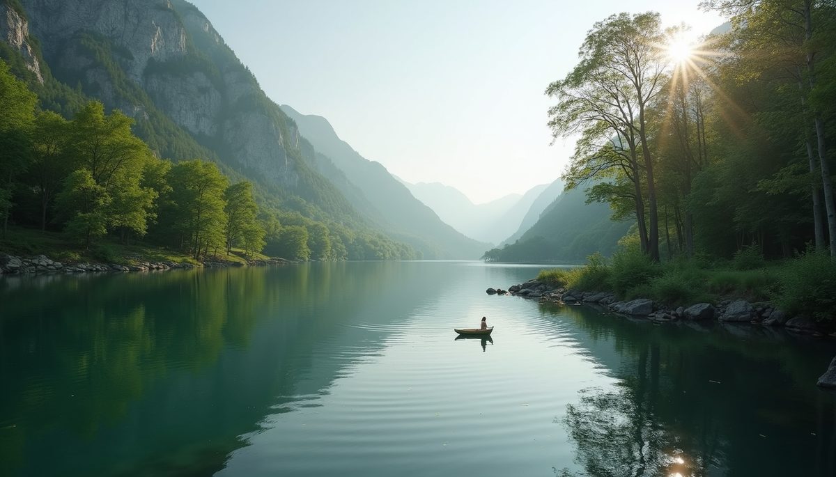 Eye-level view of a calm lake surrounded by lush trees