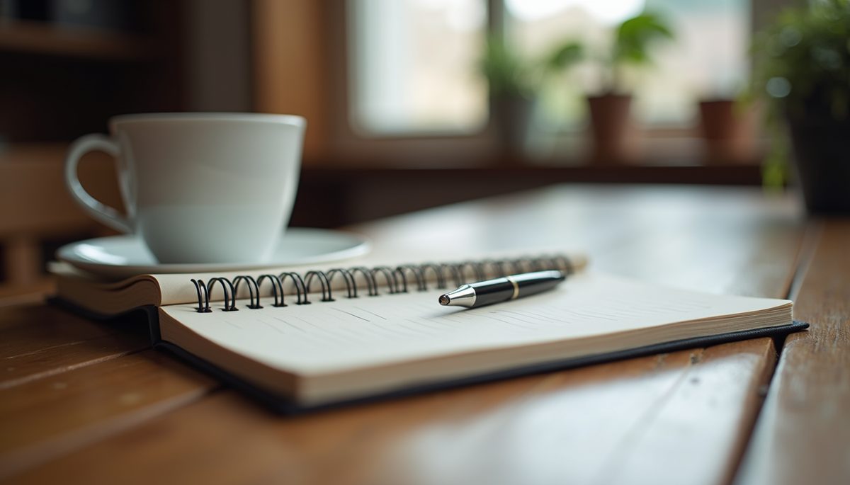 Eye-level view of a journal with a pen and a cup of coffee on a wooden table