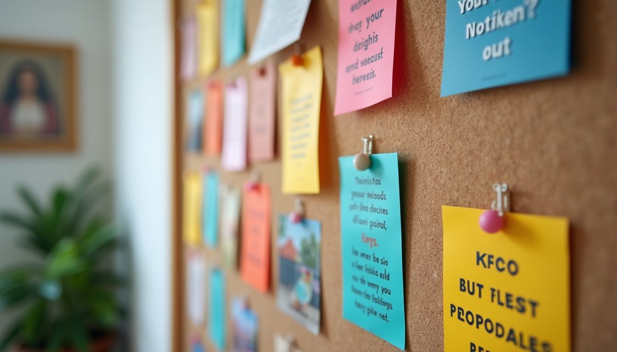 Close-up view of a colorful vision board with inspirational images and quotes