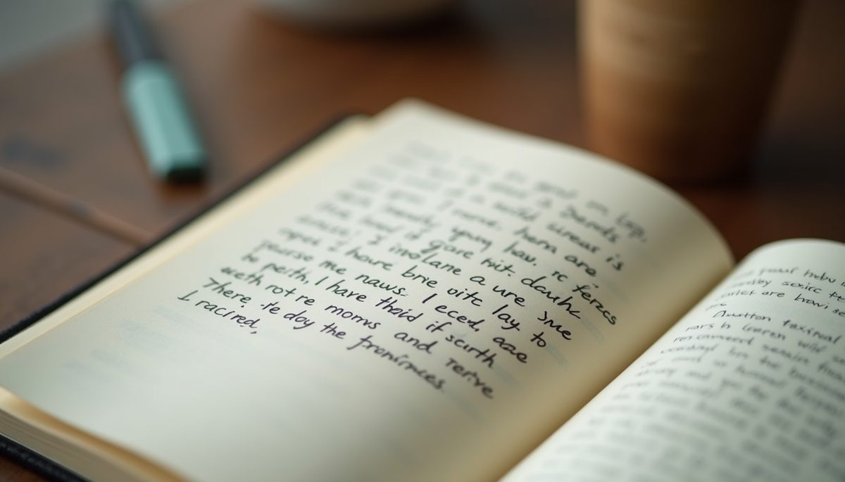 Close-up view of an open journal with handwritten affirmations