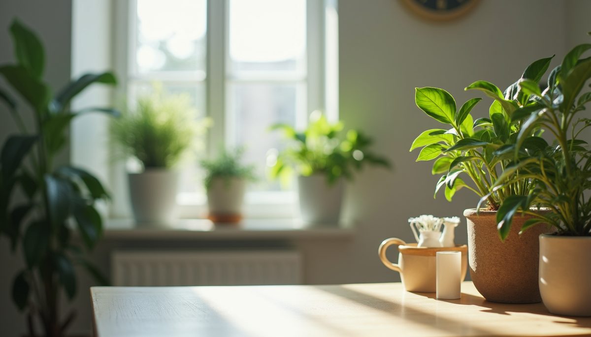 Close-up view of a calming workspace filled with plants