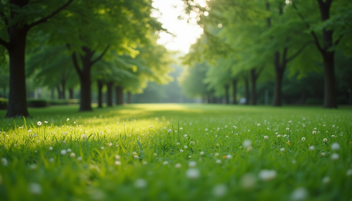 Eye-level view of a tranquil park with lush greenery
