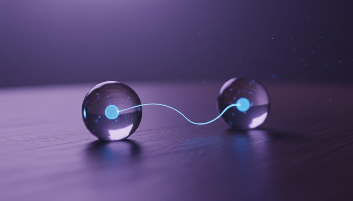 Wide-angle view of two glowing particles connected by a thin thread of light