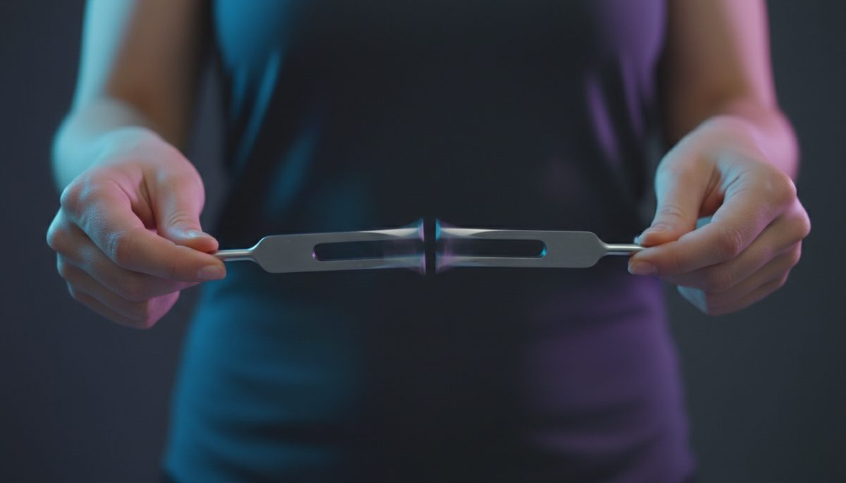 Close-up of two hands holding separate tuning forks vibrating near each other