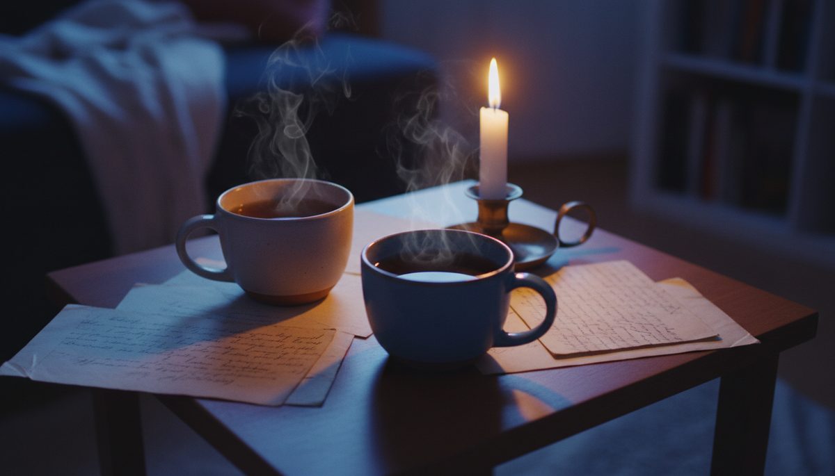 Overhead view of two cups of tea on a small table beside handwritten letters
