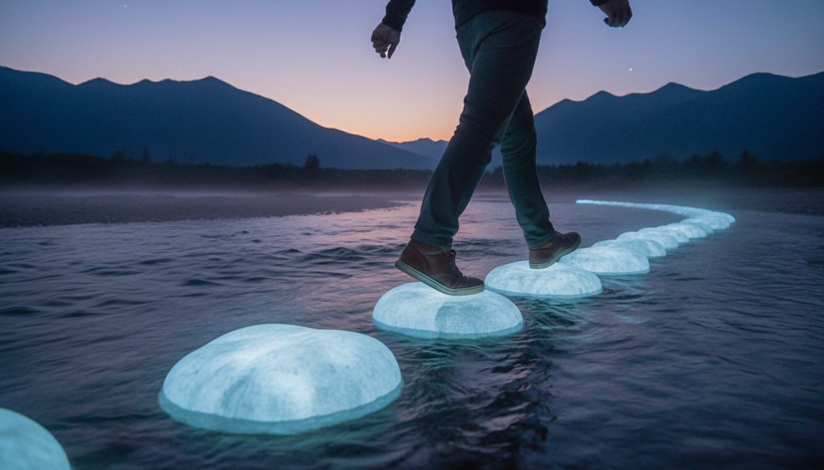 Eye-level view of stepping stones across a shallow river with each stone glowing softly under a twilight sky