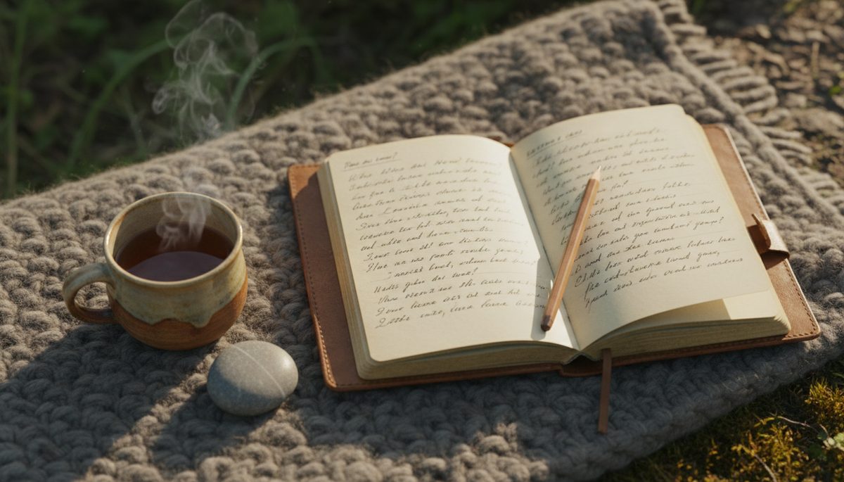 Overhead view of a journal open on a blanket with handwritten identity prompts beside a cup of tea